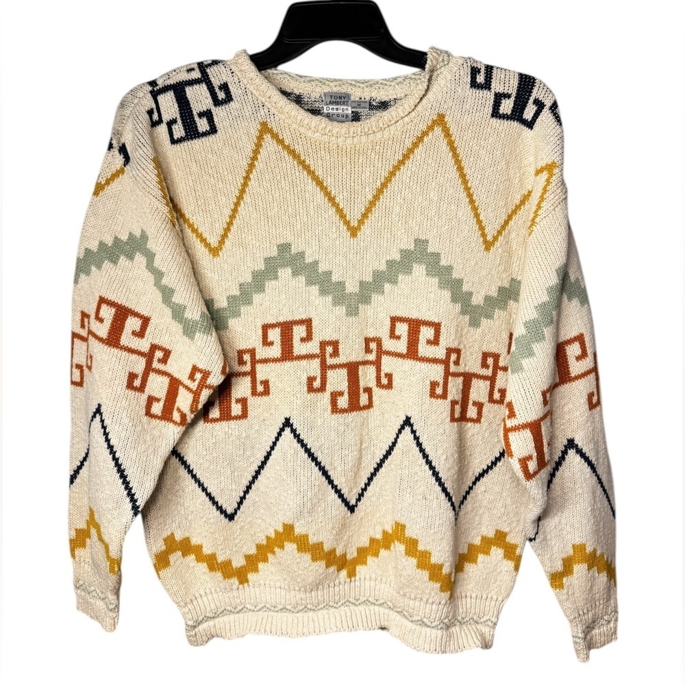 Tony Lambert Men’s Vintage Geometric Aztec Print 100% Cotton Ivory Sweater Sz M